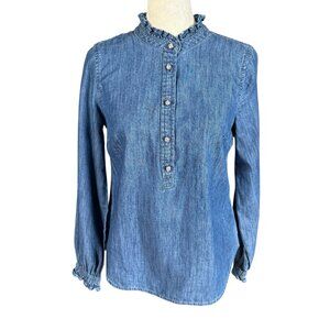 Talbots Petite ruffle neck long sleeve denim popover top women's size SP